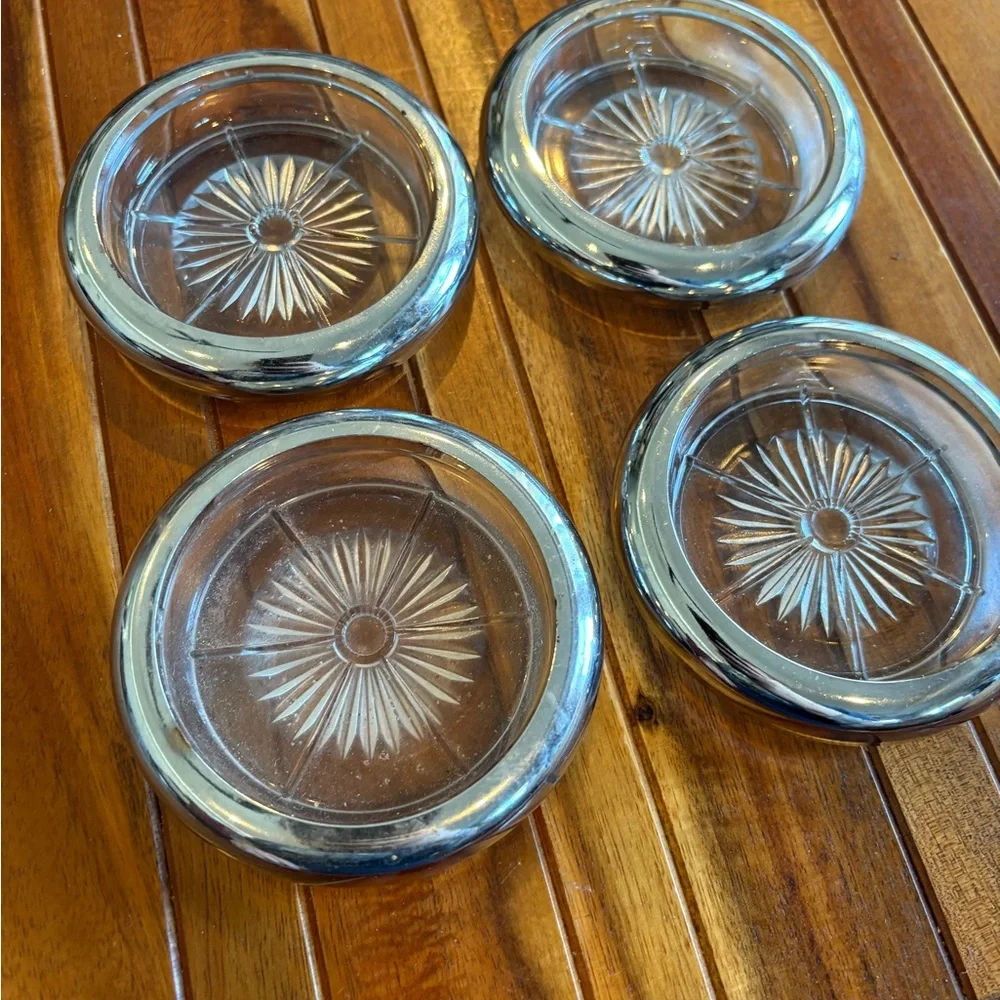 Vintage Cut Glass Coaster w/ Flat Silver Rim - Sunburst Star Daisy - No Markings